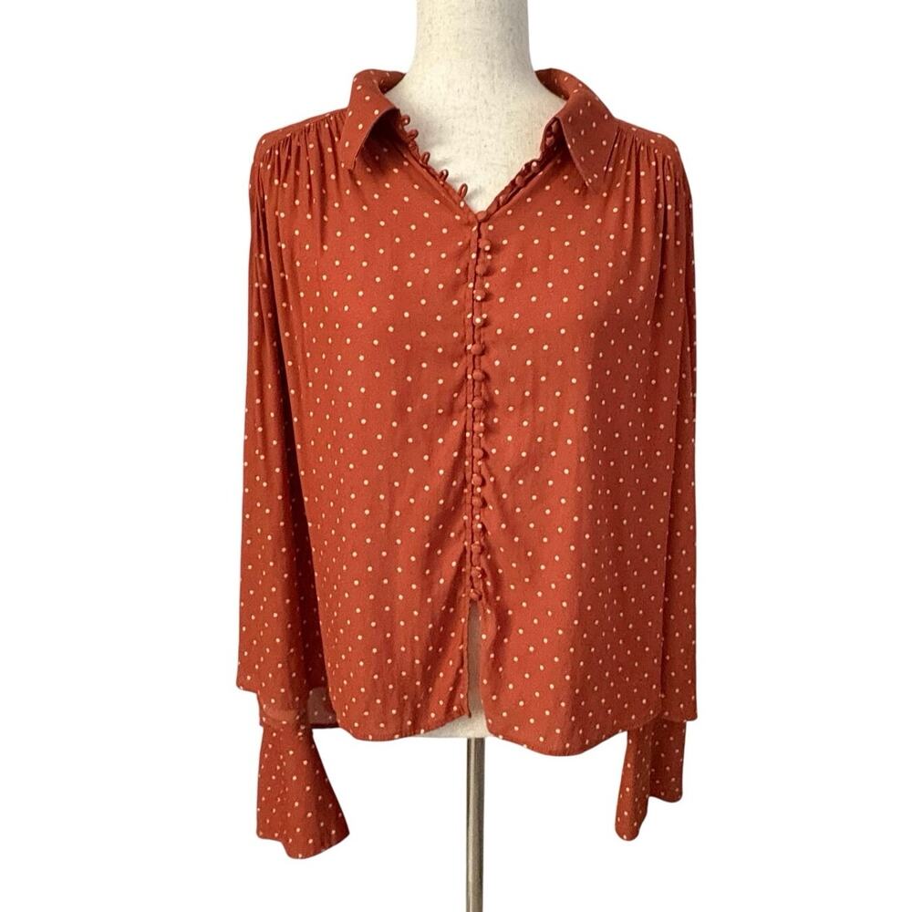 Free People New World Dotted Blouse Orange Boho Flowy Top Women’s Size M Boho